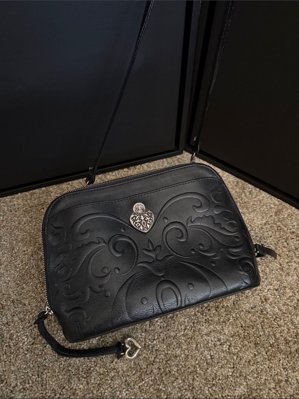 Brighton Black Embossed Leather Crossbody with Silver Heart Accent - Picture 7 of 7